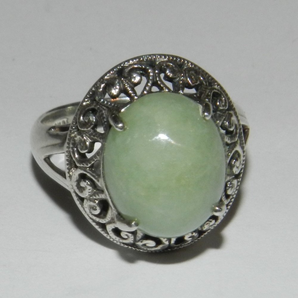DESIGNER "CNA" STERLING SILVER FILIGREE OVAL JADE WOMENS RING SIZE 5 - Picture 3 of 9